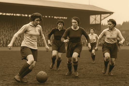 Historic illustration of early women’s football, symbolising the origins of the women’s football league and the WSL’s evolution in England.