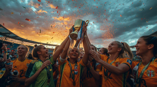 Women’s football team celebrating with a trophy, symbolizing achievement and the growth of the sport.