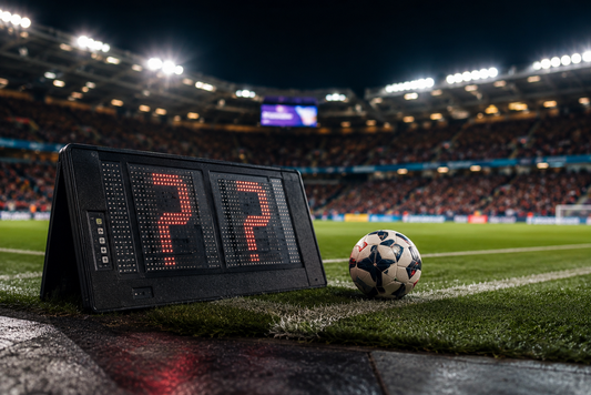 Football substitution board with question marks beside a ball, representing the latest women’s football transfer news and new signings for the 2026/27 season.