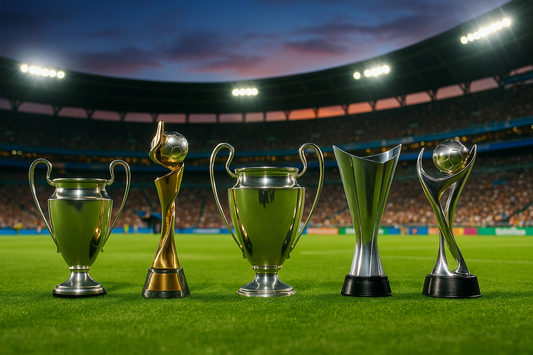 Five trophies on a stadium pitch representing the top five women’s football players of all time.