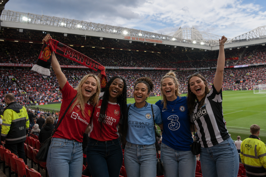 Women's football fans from different clubs celebrating together in the stands