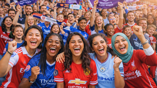 Joyful and diverse Women’s Super League fans celebrating together in a packed football stadium.
